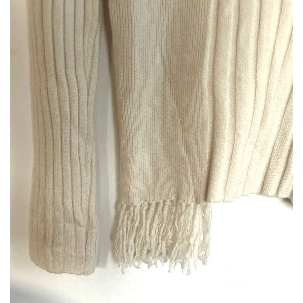 Xu Zhi x Fabrique Ivory Ribbed Knit Asymmetric Fringe Crewneck Wool Sweater Sz S